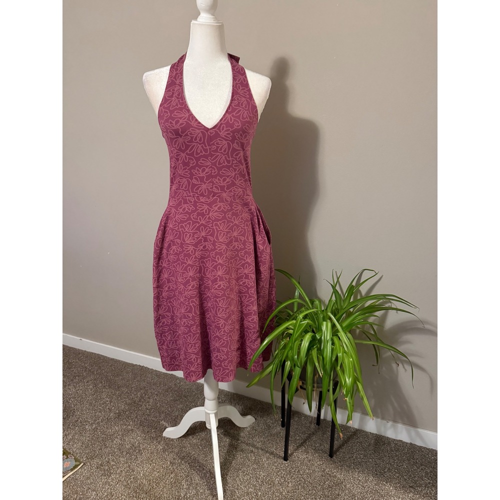 Pact Halter Dress Mauve Purple Pink EUC Organic Cotton Floral Pockets Resort M